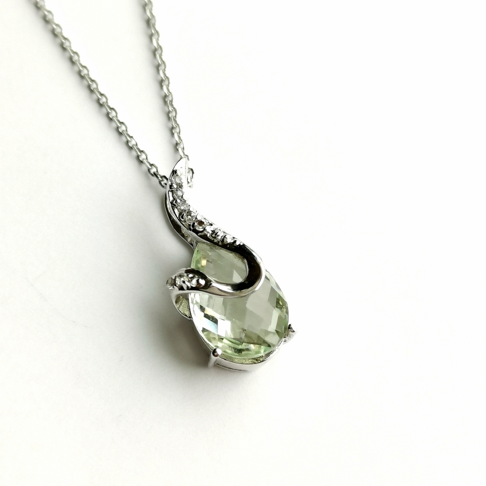 New, briolette green Amethyst pendant necklace diamond accents Sterling Silver